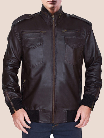 Men's Dapper Brownish Leather Bomber Jacket