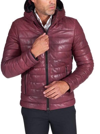 Men Maroon Sheep Leather biker hooded collar Jacket Men Maroon Sheep Leather biker hooded collar Jacket