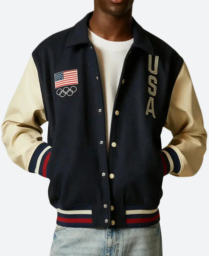 Paris Olympic 2024 Team USA Varsity Jacket Front Image Paris Olympic 2024 Team USA Varsity Jacket Front Image