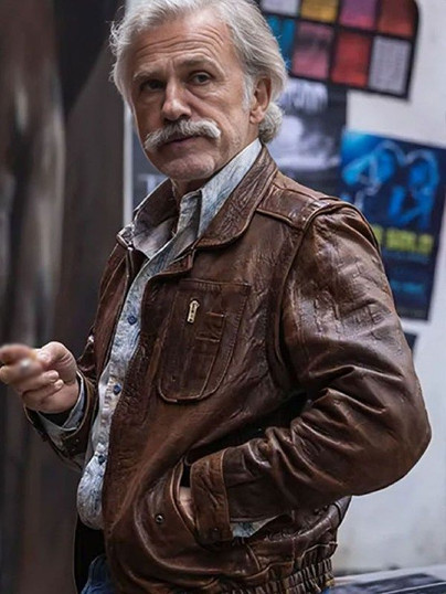 Danny Dolinski Film Old Guy 2025 Christoph Waltz Brown Leather Jacket