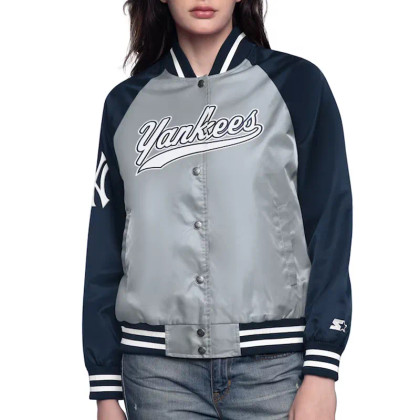 Gray/Navy New York Yankees Home Run Varsity Satin Jacket