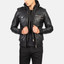 Men Black Hooded Leather Bomber Jacket