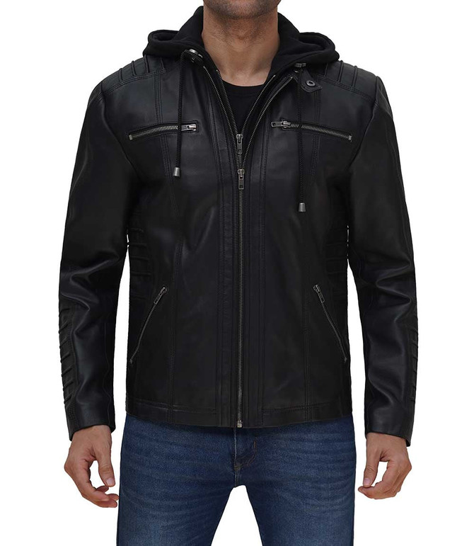Black Cafe Racer Leather Jacket With Removable Hood