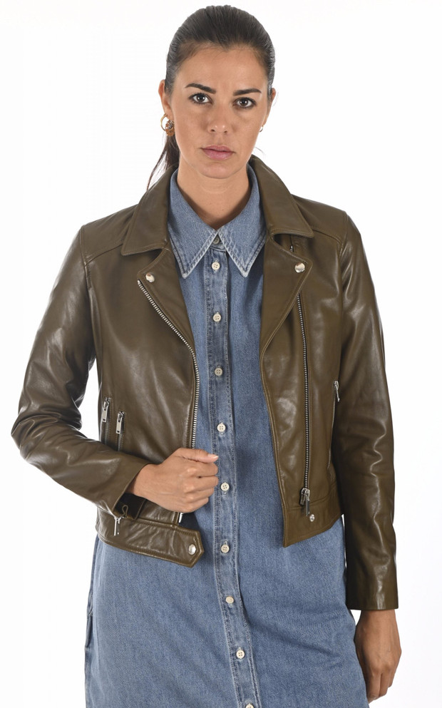 Stylish Olive Green Real Leather Jacket For Women