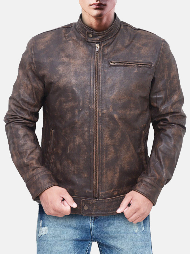 Mens Faded Brown Distressed Leather Jacket
