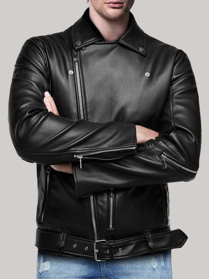 Men Motorcycle Black Leather Jacket