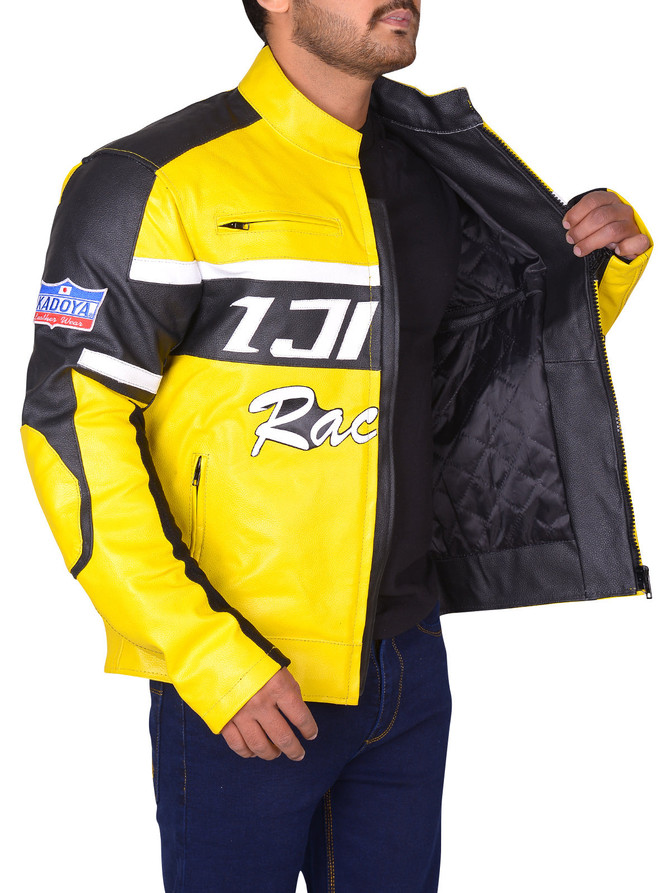 Black & Yellow Biker Real Leather Jacket