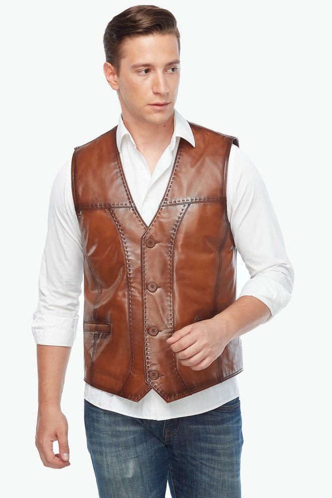 Pointed Tan Genuine Leather Vest