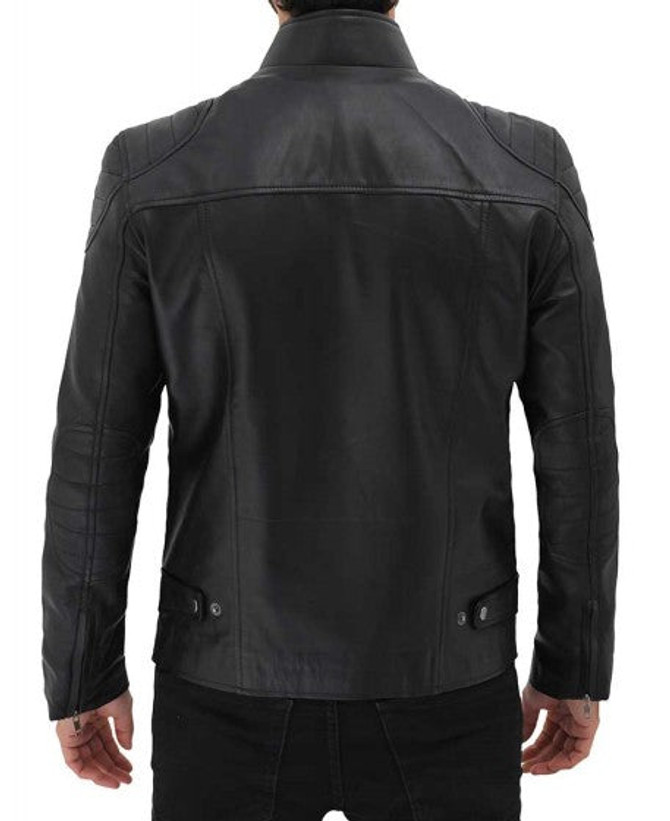 Black Mens Leather Cafe Racer Jacket with Snap Button Collar