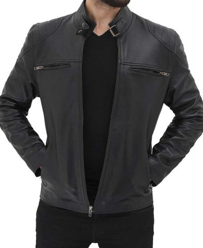 Black Mens Leather Cafe Racer Jacket with Snap Button Collar