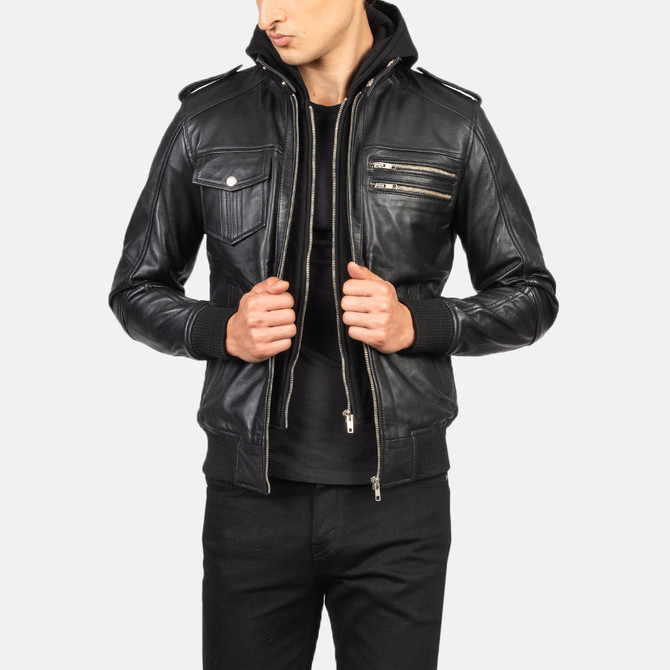Men Black Hooded Leather Bomber Jacket