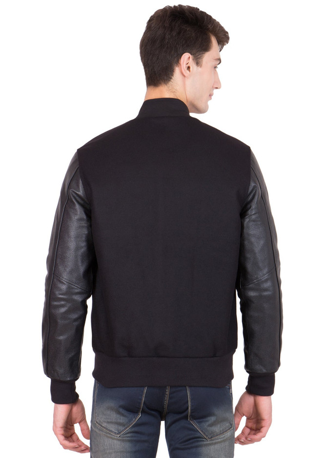Black Leather Sleeves Wool Varsity Jacket