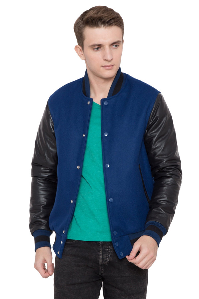 Black Leather Sleeves Blue Wool Varsity Jacket