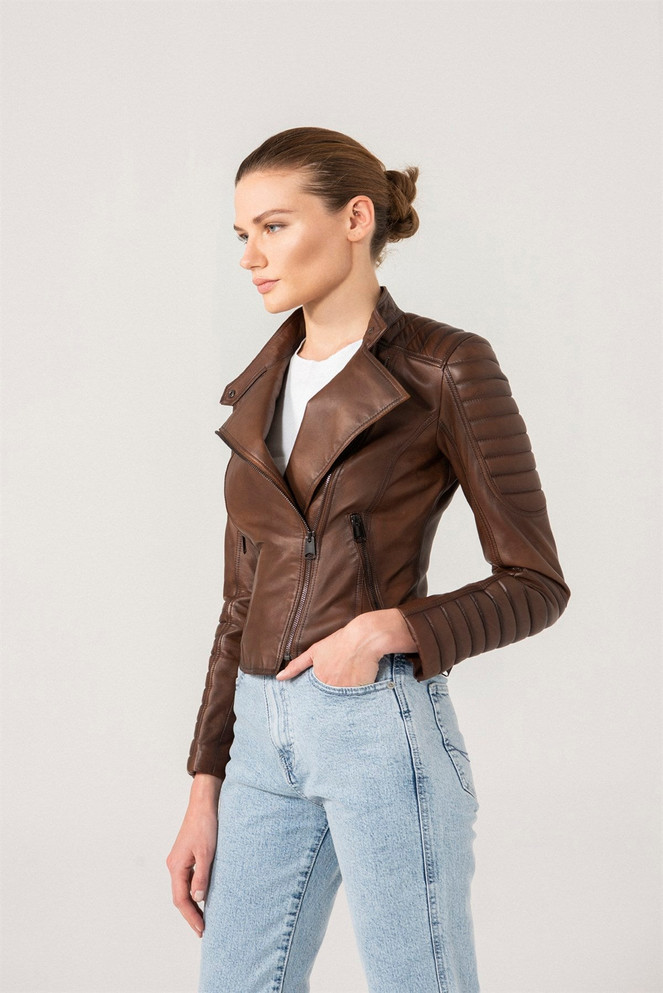 Womens Quilted Brown Biker Leather Jacket Womens Quilted Brown Biker Leather Jacket