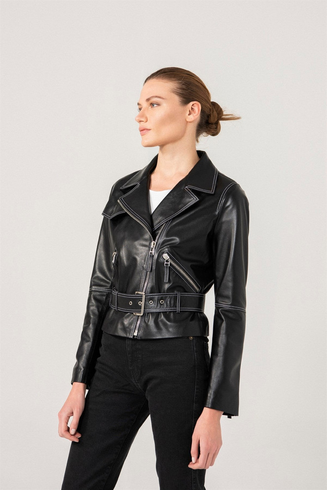 Womens White Stitched Black Biker Leather Jacket
