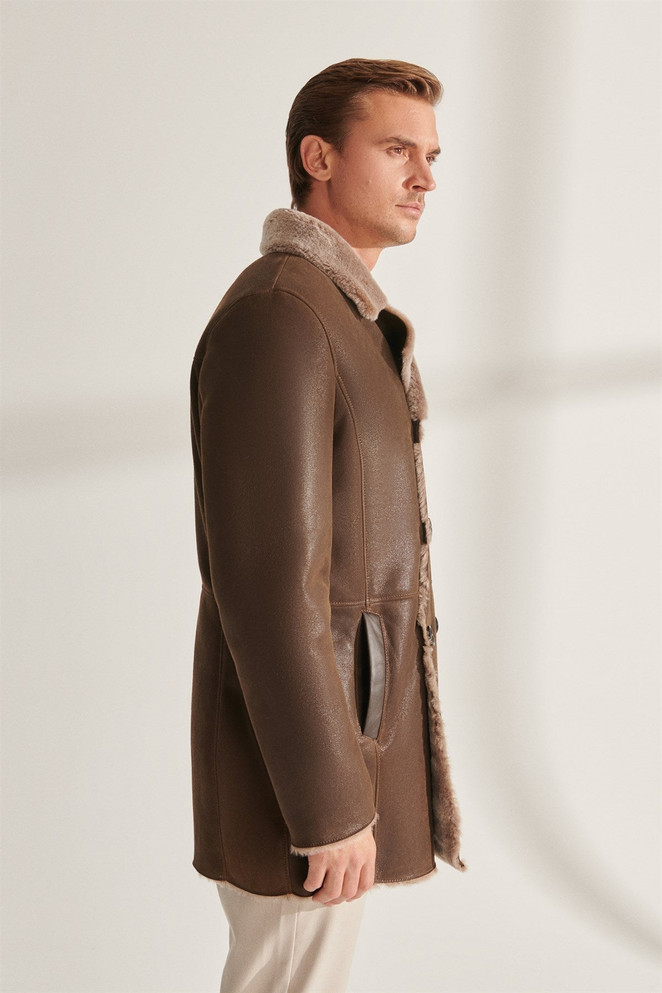 Mens Modern Brown Shearling Leather Coat
