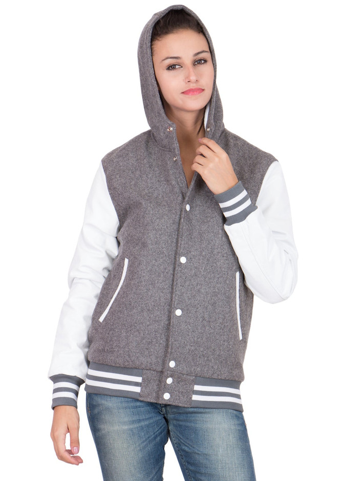 Women's Grey and White Hooded Varsity Jacket Women's Grey and White Hooded Varsity Jacket