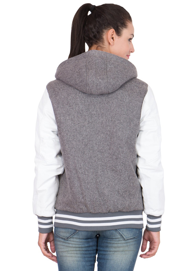 Women's Grey and White Hooded Varsity Jacket Women's Grey and White Hooded Varsity Jacket