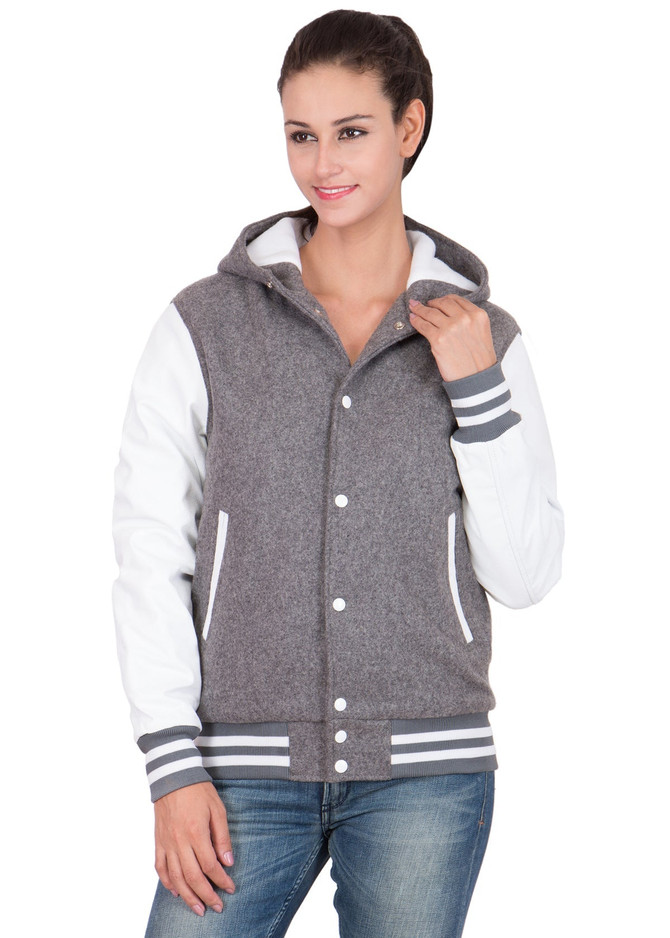 Women's Grey and White Hooded Varsity Jacket Women's Grey and White Hooded Varsity Jacket