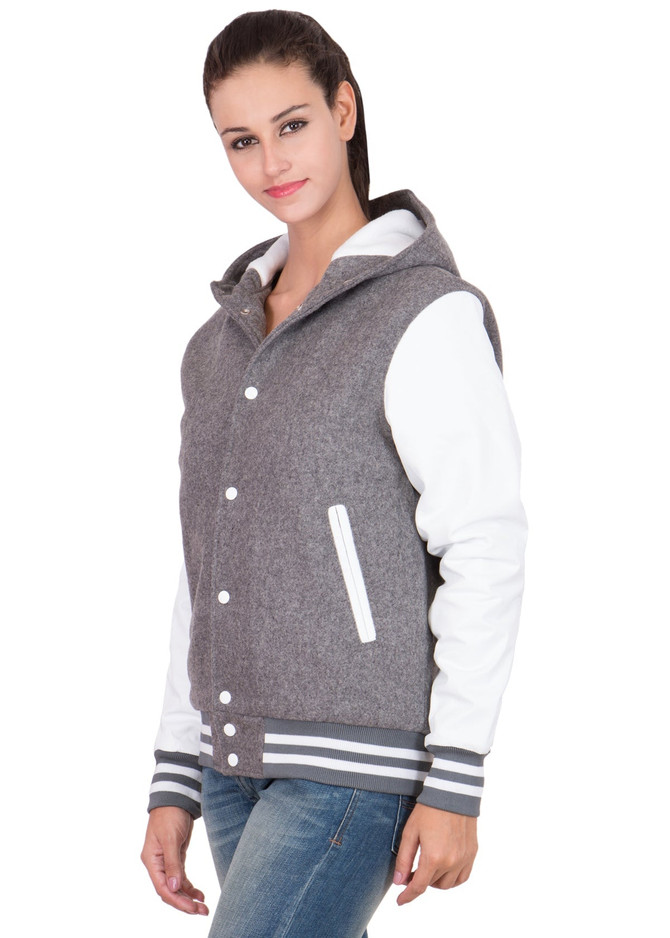 Women's Grey and White Hooded Varsity Jacket Women's Grey and White Hooded Varsity Jacket