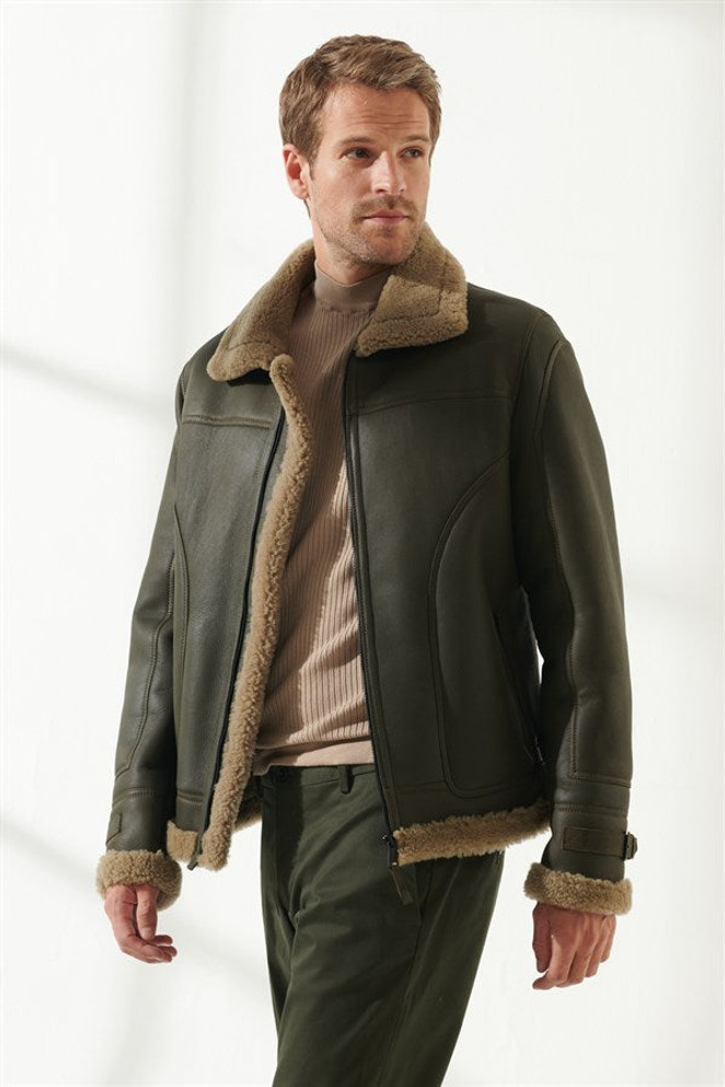 Men's Moss Green Shearling Leather Jacket