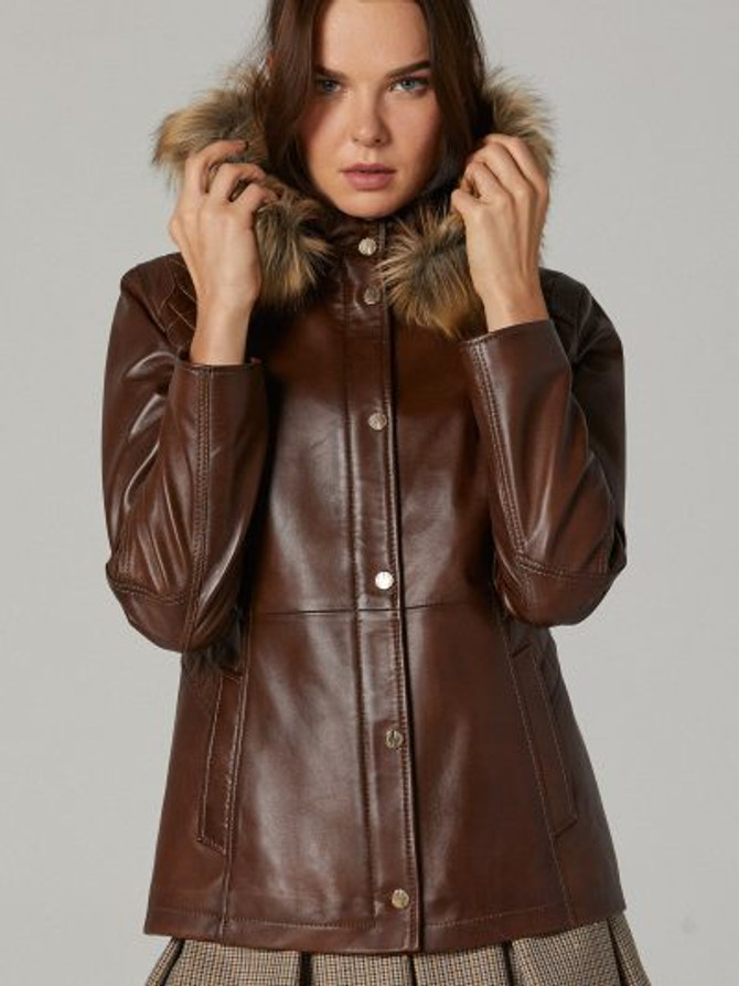 Women Brown Quilted Real Leather Jacket With Fur Hoodie