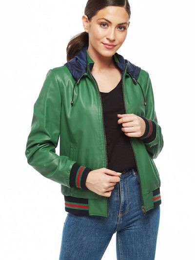 Women Green Leather Varsity Bomber Jacket with Stand Collar Hooded