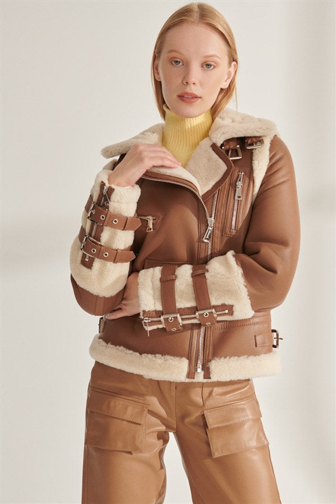 Women's Sports Brown Shearling Leather Jacket
