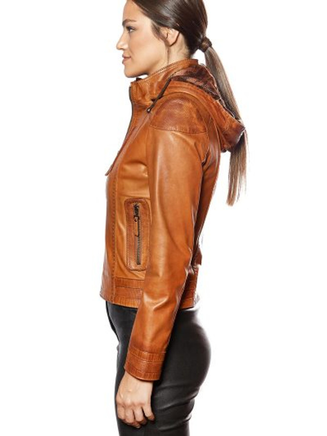 Women Brown Leather Jacket With Hoodie