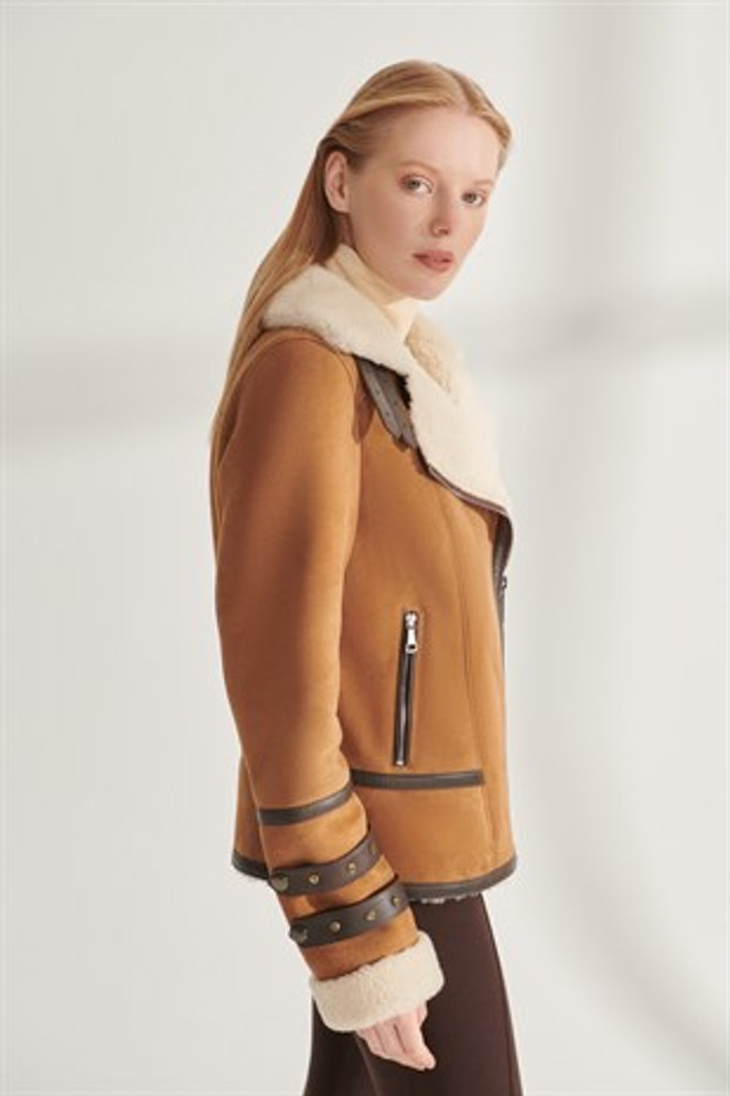 Women's Tan Suede Shearling Leather Jacket
