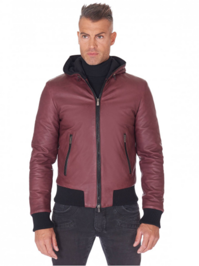 Men Maroon And Black Lambskin Leather Biker Hooded Collar Jacket Men Maroon And Black Lambskin Leather Biker Hooded Collar Jacket