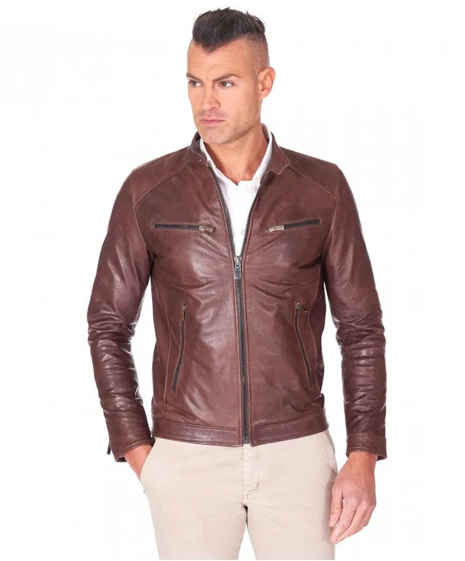 Men's Casual Style Brown Biker Leather Jacket