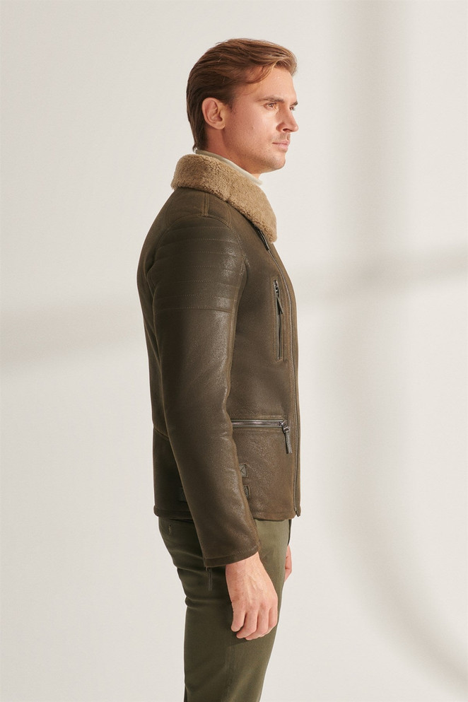 Men's Casual Moss Green Shearling Leather Jacket Men's Casual Moss Green Shearling Leather Jacket