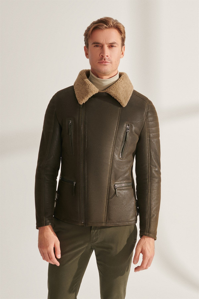 Men's Casual Moss Green Shearling Leather Jacket Men's Casual Moss Green Shearling Leather Jacket