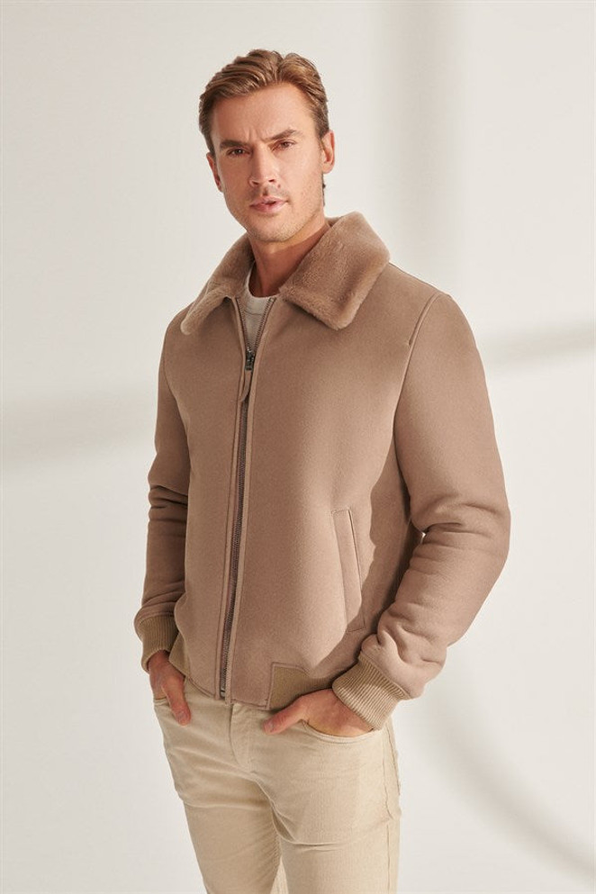 Mens Beige Sports Shearling Leather Jacket Mens Beige Sports Shearling Leather Jacket