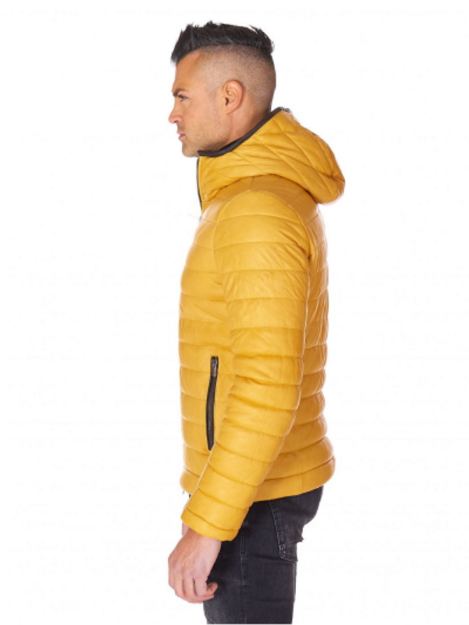 Men Yellow Sheep Leather Biker Hooded Collar Jacket Men Yellow Sheep Leather Biker Hooded Collar Jacket