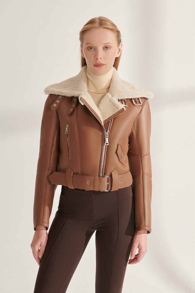 Women's Short Length Tan Shearling Leather Jacket