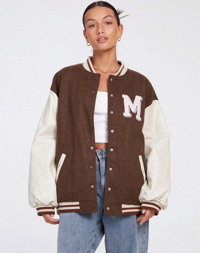 Women's Brown and White Oversized Varsity Jacket Women's Brown and White Oversized Varsity Jacket
