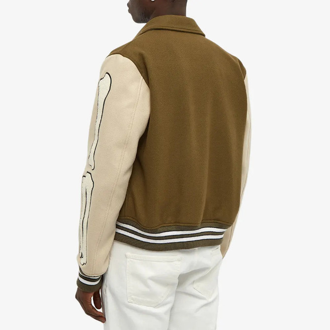 Mens Olive Green and Beige Bone Design Varsity Jacket Mens Olive Green and Beige Bone Design Varsity Jacket
