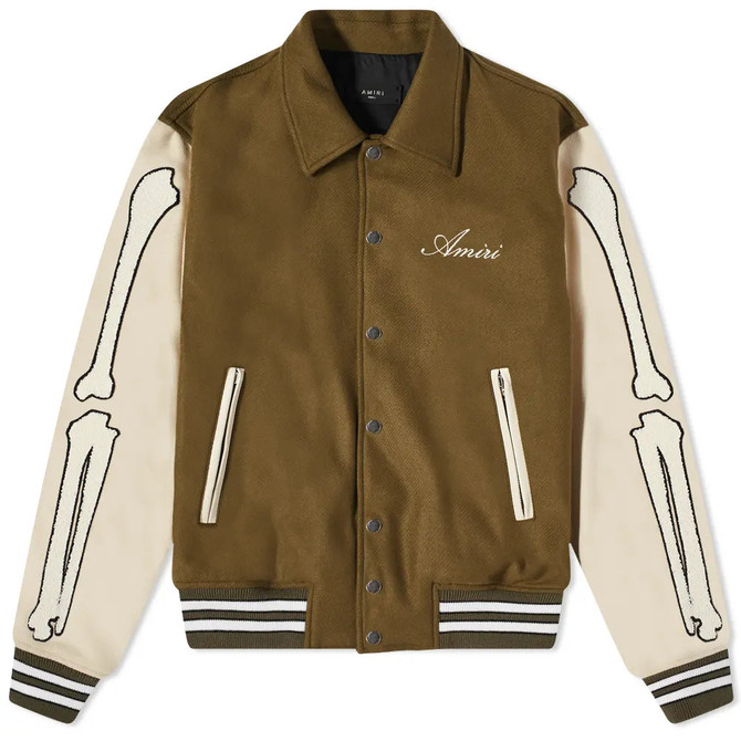 Mens Olive Green and Beige Bone Design Varsity Jacket Mens Olive Green and Beige Bone Design Varsity Jacket