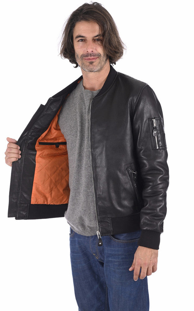 Men's Ink Black Bomber Leather Jacket Men's Ink Black Bomber Leather Jacket