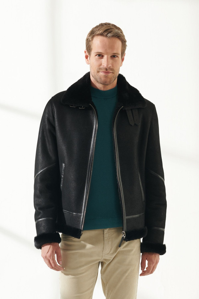 Mens Jet Black Shearling Leather Jacket