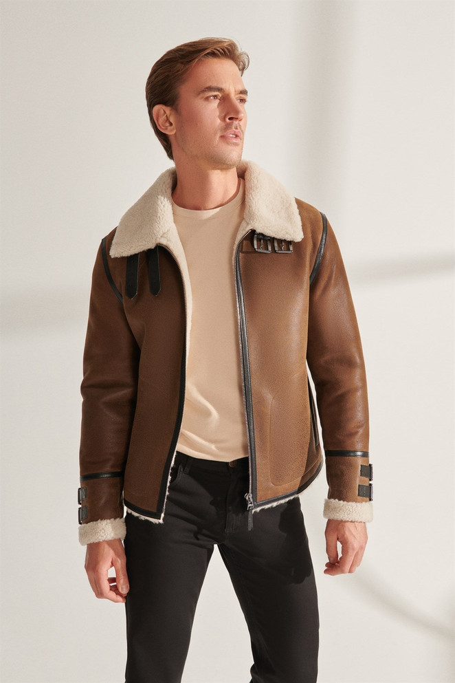 Mens Caramel Brown Shearling Leather Jacket