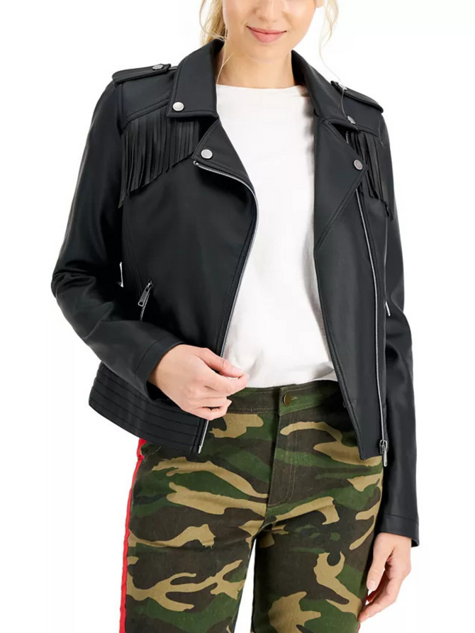 Women Real Leather Notch Lapels collar Jacket In Black