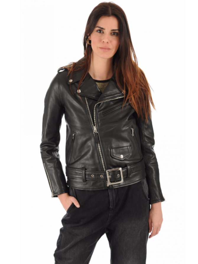 Women’s Black Biker Leather Jacket With Lapel Collar