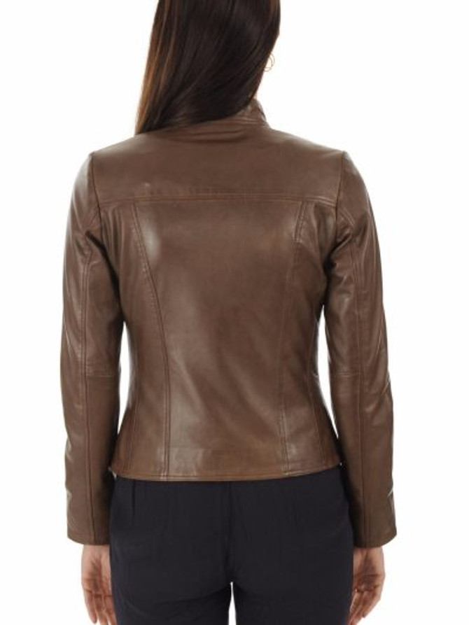 Women Brown Biker Leather Jacket With Snap Button Collar Women Brown Biker Leather Jacket With Snap Button Collar