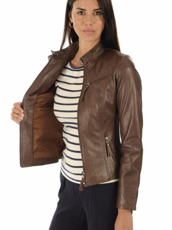 Women Brown Biker Leather Jacket With Snap Button Collar Women Brown Biker Leather Jacket With Snap Button Collar