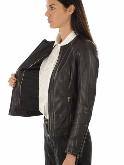 Women Collarless Quilted Biker Black Leather Jacket