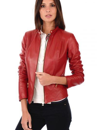 Women Round Collar Red Leather Biker Jacket