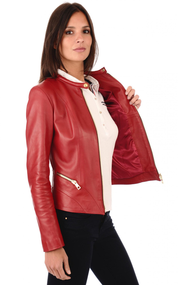 Women Round Collar Red Leather Biker Jacket